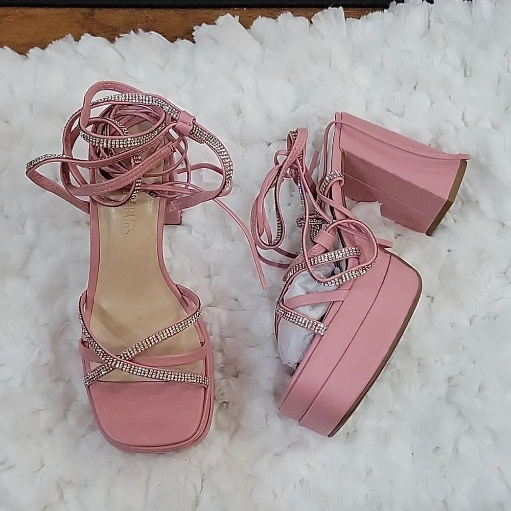 Dream Pairs pink platform heel lace up rhinestone tie strap chunky heel 7.5 NEW…
